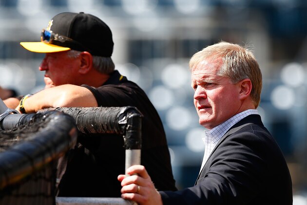 PITTSBURGH, PA - APRIL 13:  Pittsburgh Pirates GM Neal Huntington and manager Clint Hurdle watch batting practice prior to the home opener against the Detroit Tigers at PNC Park on April 13, 2015 in Pittsburgh, Pennsylvania.  (Photo by Jared Wickerham/Getty Images)