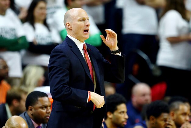 Jan 7, 2016; East Lansing, MI, USA; Illinois Fighting Illini head coach John Groce reacts to a play during the second half of a game against the Michigan State Spartans  at Jack Breslin Student Events Center.  Michigan State won 79-54. Mandatory Credit: Mike Carter-USA TODAY Sports