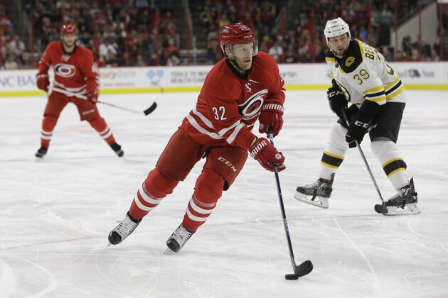 Carolina Hurricanes' Kris Versteeg (32) skates against the Boston Bruins during the second period of an NHL hockey game in Raleigh, N.C., Friday, Feb. 26, 2016. (AP Photo/Gerry Broome)