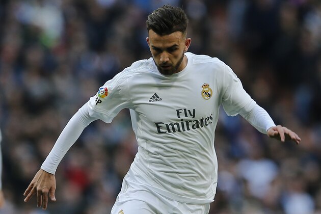 Real Madrid's Borja Mayoral controls the ball during a Spanish La Liga soccer match between Real Madrid and Atletico Madrid at the Santiago Bernabeu stadium in Madrid, Spain, Saturday Feb. 27, 2016. (AP Photo/Paul White)