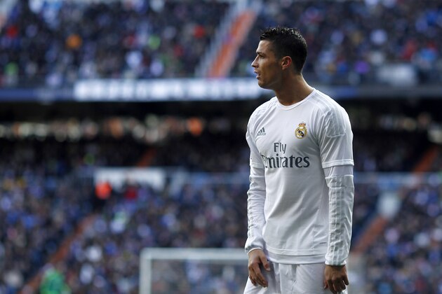 Real Madrid's Cristiano Ronaldo gestures during a Spanish La Liga soccer match between Real Madrid and Atletico Madrid at the Santiago Bernabeu stadium in Madrid, Spain, Saturday Feb. 27, 2016. (AP Photo/Oscar del Pozo)