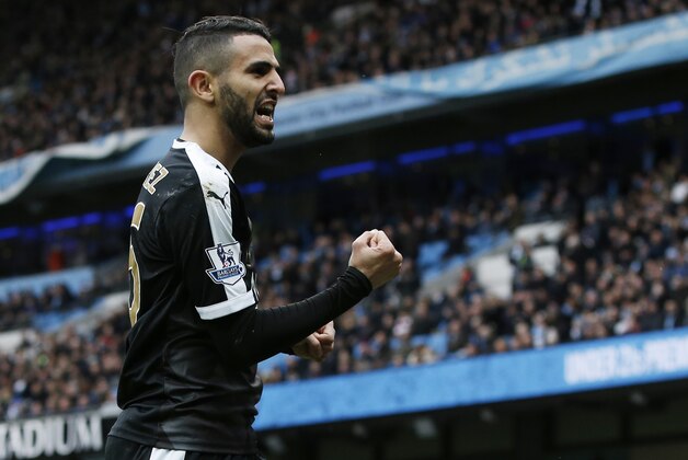 Leicester City's Algerian midfielder Riyad Mahrez celebrates  after scoring his team's second goal during the English Premier League football match between Manchester City and Leicester City at the Etihad Stadium in Manchester, north west England, on February 6, 2016.  / AFP / ADRIAN DENNIS / RESTRICTED TO EDITORIAL USE. No use with unauthorized audio, video, data, fixture lists, club/league logos or 'live' services. Online in-match use limited to 75 images, no video emulation. No use in betting, games or single club/league/player publications.  /         (Photo credit should read ADRIAN DENNIS/AFP/Getty Images)