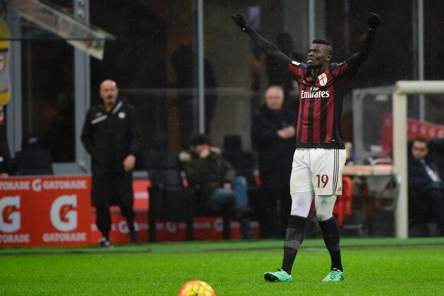 AC Milan's French forward Mbaye Niang celebrates after scoring during the Italian Serie A football match between AC Milan and Udinese at San Siro Stadium in Milan on February 7, 2016. / AFP / OLIVIER MORIN        (Photo credit should read OLIVIER MORIN/AFP/Getty Images)