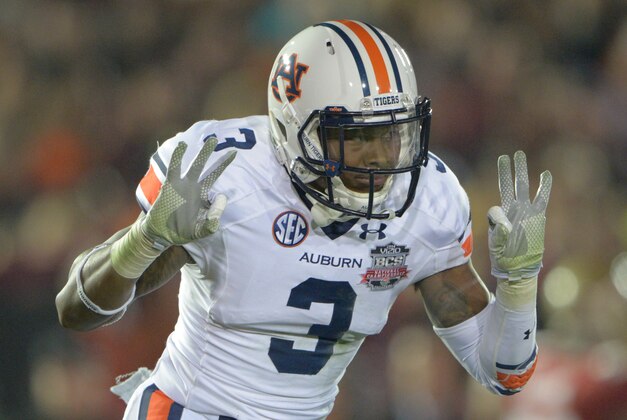 Jan 6, 2014; Pasadena, CA, USA; Auburn Tigers defensive back Jonathan Jones (3) celebrates against the Florida State Seminoles during the second half of the 2014 BCS National Championship game at the Rose Bowl.  Mandatory Credit: Kirby Lee-USA TODAY Sports