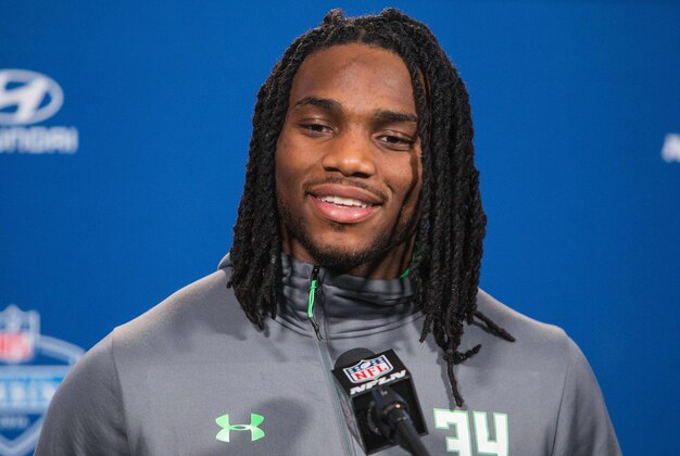 Feb 26, 2016; Indianapolis, IN, USA; Notre Dame linebacker Jaylon Smith speaks to the media during the 2016 NFL Scouting Combine at Lucas Oil Stadium. Mandatory Credit: Trevor Ruszkowski-USA TODAY Sports