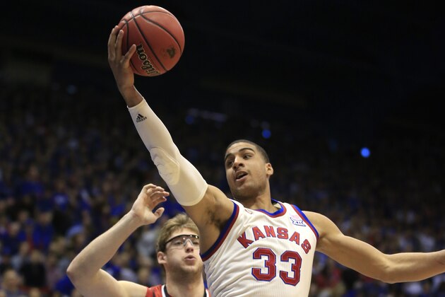 Kansas forward Landen Lucas (33) during the first half of an NCAA college basketball game against Texas Tech in Lawrence, Kan., Saturday, Feb. 27, 2016. (AP Photo/Orlin Wagner)