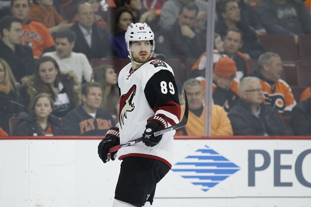 Arizona Coyotes' Mikkel Boedker in action during an NHL hockey game against the Philadelphia Flyers, Saturday, Feb. 27, 2016, in Philadelphia. (AP Photo/Matt Slocum)