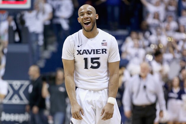 CINCINNATI, OH - FEBRUARY 24:  Myles Davis #15 of the Xavier Musketeers celebrates after the 90-83 win over the Villanova Wildcats at Cintas Center on February 24, 2016 in Cincinnati, Ohio.  (Photo by Andy Lyons/Getty Images)