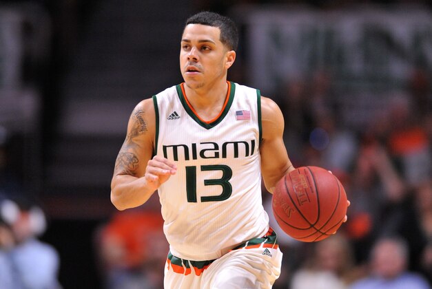 Feb 27, 2016; Coral Gables, FL, USA; Miami Hurricanes guard Angel Rodriguez (13) dribbles the ball against Louisville Cardinals during the second half at BankUnited Center. The Hurricanes won 73-65. Mandatory Credit: Steve Mitchell-USA TODAY Sports