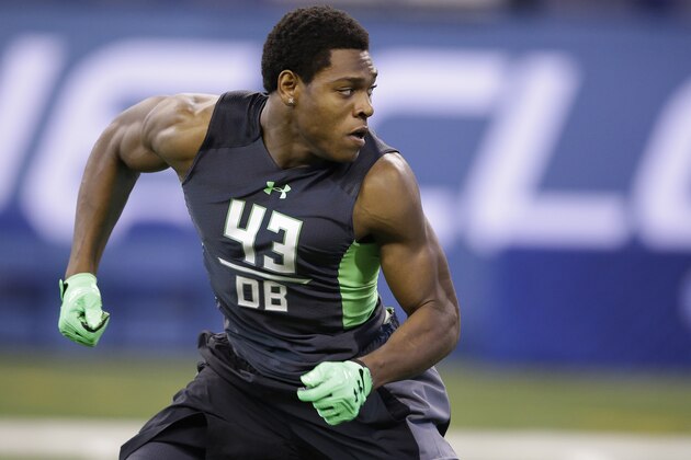 Florida State defensive back Jalen Ramsey runs a drill at the NFL football scouting combine on Monday, Feb. 29, 2016, in Indianapolis. (AP Photo/Darron Cummings)