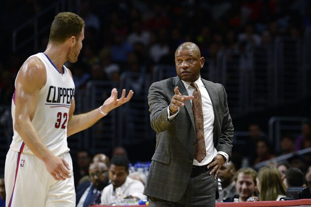 LOS ANGELES CA - OCTOBER 22: Head coach Doc Rivers of the Los Angeles Clippers gives instructions to Blake Griffin #32 during the preseason basketball game against Portland Trail Blazers at Staples Center October 22, 2015 in Los Angeles, California. NOTE TO USER: User expressly acknowledges and agrees that, by downloading and or using this Photograph, user is consenting to the terms and condition of the Getty Images License Agreement. (Photo by Kevork Djansezian/Getty Images)