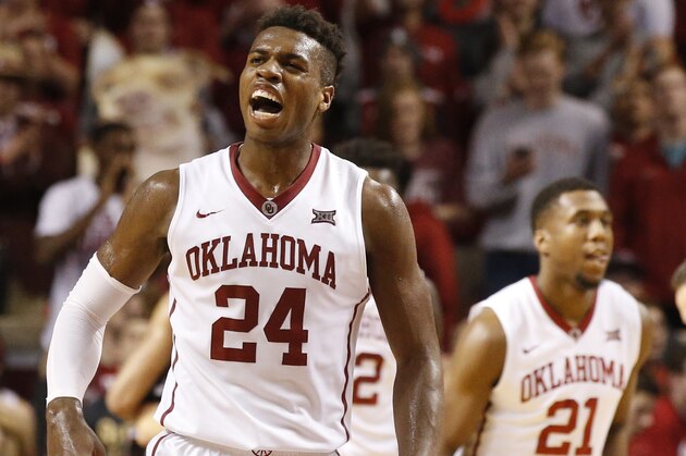 Oklahoma guard Buddy Hield (24) shouts in the second half of an NCAA college basketball game against Kansas n Norman, Okla., Saturday, Feb. 13, 2016. Kansas won 76-72. (AP Photo/Sue Ogrocki)