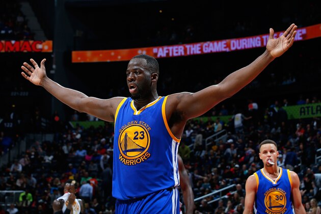 ATLANTA, GA - FEBRUARY 22:  Draymond Green #23 of the Golden State Warriors reacts after being charged with a foul in the final minutes of their 102-92 win over the Atlanta Hawks at Philips Arena on February 22, 2016 in Atlanta, Georgia.  NOTE TO USER User expressly acknowledges and agrees that, by downloading and or using this photograph, user is consenting to the terms and conditions of the Getty Images License Agreement.  (Photo by Kevin C. Cox/Getty Images)