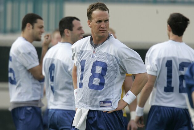 Indianapolis Colts quarterback Peyton Manning stares off as he stretches before the start football practice at the Miami Dolphins training facility in Davie , Fla. Thursday, Feb. 1, 2007. The Colts face the Chicago Bears in Super Bowl XLI in Miami on Sunday, Feb. 4. (AP Photo/Michael Conroy)