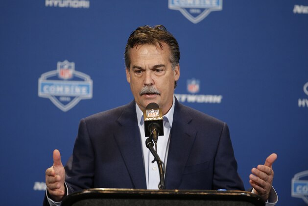 Los Angeles Rams head coach Jeff Fisher responds to a question during a news conference at the NFL football scouting combine, Wednesday, Feb. 24, 2016, in Indianapolis.  (AP Photo/Darron Cummings)
