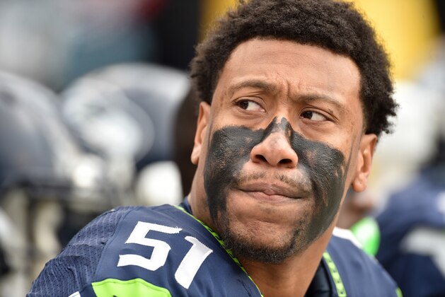 CHARLOTTE, NC - JANUARY 17:  Bruce Irvin #51 of the Seattle Seahawks looks on during the NFC Divisional Playoff Game against the Carolina Panthers at Bank of America Stadium on January 17, 2016 in Charlotte, North Carolina.  (Photo by Ronald C. Modra/Sports Imagery/Getty Images)