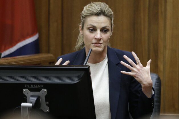 Sportscaster and television host Erin Andrews testifies Monday, Feb. 29, 2016, in Nashville, Tenn. Andrews has filed a $75 million lawsuit against the franchise owner and manager of a luxury hotel and a man who admitted to making secret nude recordings of her in 2008. (AP Photo/Mark Humphrey, Pool)