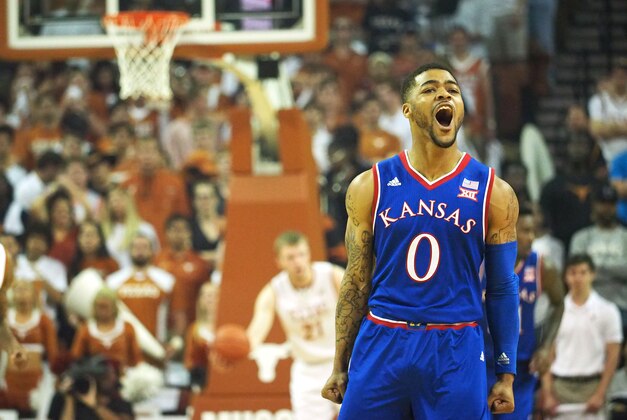 Feb 29, 2016; Austin, TX, USA; Kansas Jayhawks guard Frank Mason (0) reacts against the Texas Longhorns during the first half at the Frank Erwin Special Events Center. Mandatory Credit: Brendan Maloney-USA TODAY Sports