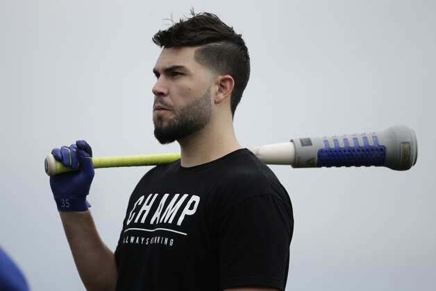 Kansas City Royals' Eric Hosmer waits to bat during  spring training baseball practice Friday, Feb. 19, 2016, in Surprise, Ariz. (AP Photo/Charlie Riedel)