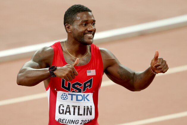 BEIJING, CHINA - AUGUST 29: Justin Gatlin of the United States reacts after the Men's 4x100 Metres Relay final during day eight of the 15th IAAF World Athletics Championships Beijing 2015 at Beijing National Stadium on August 29, 2015 in Beijing, China.  (Photo by Lintao Zhang/Getty Images for IAAF)