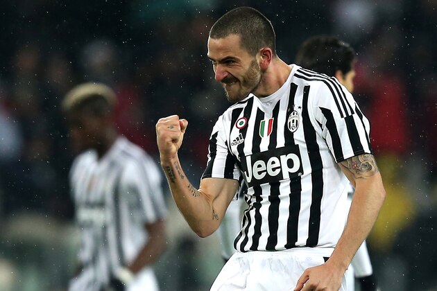 Juventus' defender Italian Leonardo Bonucci celebrates after scoring during the Italian Serie A  football match Juventus Vs Inter Milan on February 28, 2016 at the 'Juventus Stadium' in Turin.  / AFP / MARCO BERTORELLO        (Photo credit should read MARCO BERTORELLO/AFP/Getty Images)