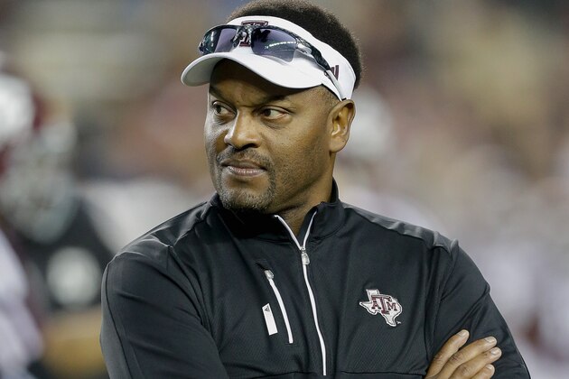 COLLEGE STATION, TX - NOVEMBER 07:  Head coach Kevin Sumlin of the Texas A&M Aggies during warm ups before playing against the Auburn Tigers  at Kyle Field on November 7, 2015 in College Station, Texas.  (Photo by Bob Levey/Getty Images)