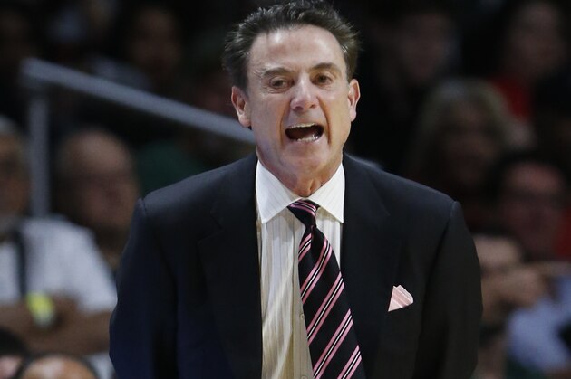 Louisville head coach Rick Pitino calls out to players during the first half of an NCAA college basketball game against Miami, Saturday, Feb. 27, 2016, in Coral Gables, Fla. (AP Photo/Wilfredo Lee)