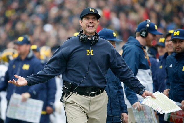 COLLEGE PARK, MD - OCTOBER 03:  Head coach Jim Harbaugh of the Michigan Wolverines reacts to a first half call against the Maryland Terrapins at Byrd Stadium on October 3, 2015 in College Park, Maryland.  (Photo by Rob Carr/Getty Images)