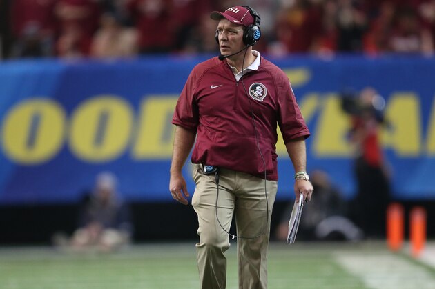 Florida State head coach Jimbo Fisher walks the sidelines during the first half of the Peach Bowl NCAA college football game against Houston, Thursday, Dec. 31, 2015, in Atlanta. (AP Photo/John Bazemore)