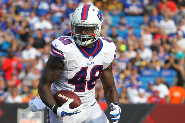 Buffalo Bills tight end MarQueis Gray (48) runs against the Pittsburgh Steelers during the first half of a preseason NFL football game on Saturday, Aug. 29, 2015, in Orchard Park, N.Y. (AP Photo/Bill Wippert)