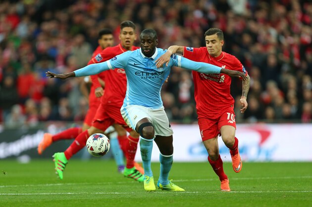 LONDON, ENGLAND - FEBRUARY 28 :  Yaya Toure of Manchester City and Philippe Coutinho of Liverpool during the Capital One Cup Final match between Liverpool and Manchester City at Wembley Stadium on February 28, 2016 in London, England.  (Photo by Catherine Ivill - AMA/Getty Images)