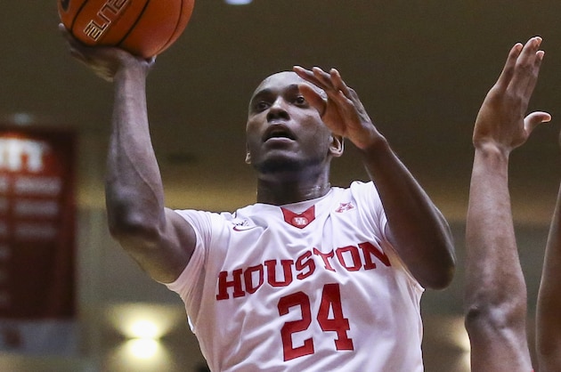 Feb 1, 2016; Houston, TX, USA; Houston Cougars forward Devonta Pollard (24) shoots the ball during the second half against the Southern Methodist Mustangs at Hofheinz Pavilion. The Cougars won 71-68. Mandatory Credit: Troy Taormina-USA TODAY Sports
