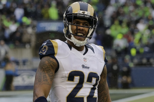 St. Louis Rams' Trumaine Johnson walks on the field after intercepting against the Seattle Seahawks in the first half of an NFL football game, Sunday, Dec. 27, 2015, in Seattle. (AP Photo/Stephen Brashear)