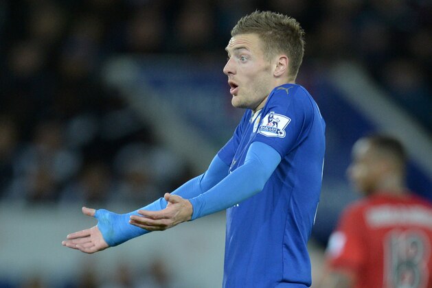 Leicester City's English striker Jamie Vardy reacts during the English Premier League football match between Leicester City and West Bromwich Albion at the King Power Stadium in Leicester, central England on March 1, 2016. / AFP / OLI SCARFF / RESTRICTED TO EDITORIAL USE. No use with unauthorized audio, video, data, fixture lists, club/league logos or 'live' services. Online in-match use limited to 75 images, no video emulation. No use in betting, games or single club/league/player publications.  /         (Photo credit should read OLI SCARFF/AFP/Getty Images)