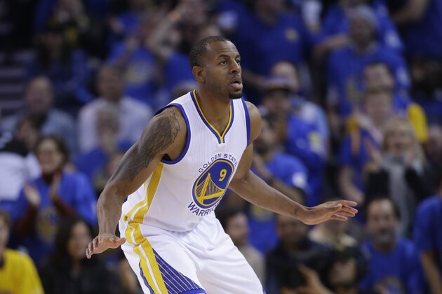 Golden State Warriors' Andre Iguodala (9) during an NBA basketball game against the San Antonio Spurs Monday, Jan. 25, 2016, in Oakland, Calif. (AP Photo/Marcio Jose Sanchez)