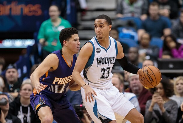 Jan 17, 2016; Minneapolis, MN, USA; Minnesota Timberwolves guard Kevin Martin (23) dribbles in the second quarter against the Phoenix Suns guard Devin Booker (1) at Target Center. Mandatory Credit: Brad Rempel-USA TODAY Sports