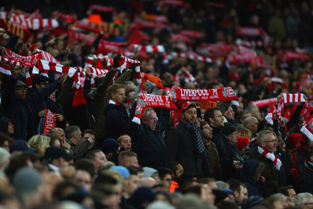 LONDON, ENGLAND - FEBRUARY 28 :  Liverpool fans hold up their scarves during the Capital One Cup Final match between Liverpool and Manchester City at Wembley Stadium on February 28, 2016 in London, England.  (Photo by Catherine Ivill - AMA/Getty Images)