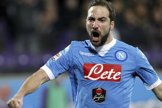Napoli's Gonzalo Higuain celebrates after scoring during a Serie A soccer match between Fiorentina and Napoli at the Artemio Franchi stadium in Florence, Italy, Monday, Feb. 29, 2016. (AP Photo/Fabrizio Giovannozzi)