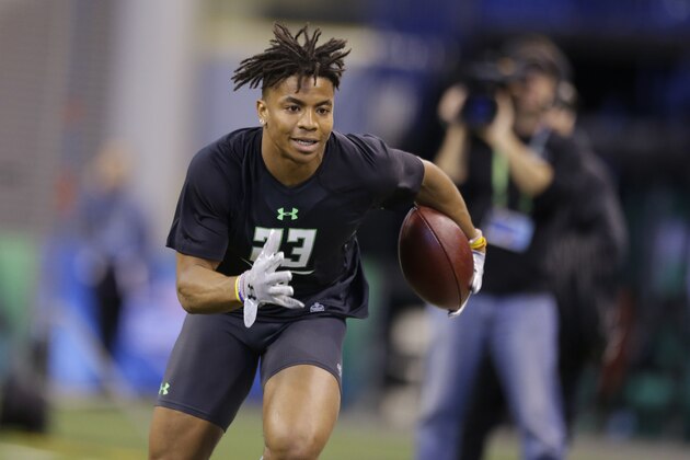 Florida defensive back Vernon Hargreaves runs a drill at the NFL football scouting combine in Indianapolis, Monday, Feb. 29, 2016. (AP Photo/Michael Conroy)