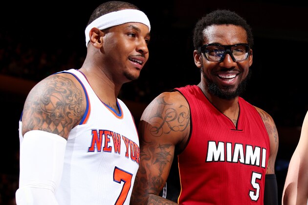 NEW YORK, NY - FEBRUARY 28: Carmelo Anthony #7 of the New York Knicks and Amar'e Stoudemire #5 of the Miami Heat ;are seen during the game on February 28, 2016 at Madison Square Garden in New York City, New York.  NOTE TO USER: User expressly acknowledges and agrees that, by downloading and or using this photograph, User is consenting to the terms and conditions of the Getty Images License Agreement. Mandatory Copyright Notice: Copyright 2015 NBAE  (Photo by Nathaniel S. Butler/NBAE via Getty Images)