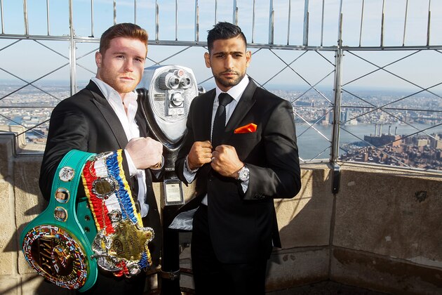 NEW YORK, NY - MARCH 01:  Canelo Alvarez and Amir Khan pose for photos during a press event at the Empire State Building on March 1, 2016 in New York City.  (Photo by Alex Goodlett/Getty Images)