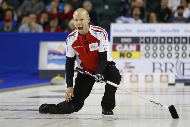 CALGARY, AB - MARCH 8: Team Canada skip Pat Simmons reacts to his shot in his game against Northern Ontario in the gold medal in curling game during the Tim Horton's Brier at the Scotiabank Saddledome on March 8, 2015 in Calgary, Alberta, Canada. (Photo by Todd Korol/Getty Images)