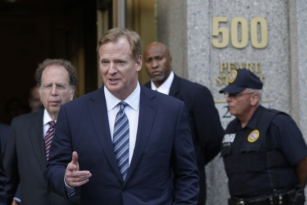 NFL Commissioner Roger Goodell leaves federal court Wednesday, Aug. 12, 2015, in New York. Goodell left the courthouse after a full day of talks with a federal judge in the dispute over a four-game suspension with New England Patriots quarterback Tom Brady. (AP Photo/Mary Altaffer)
