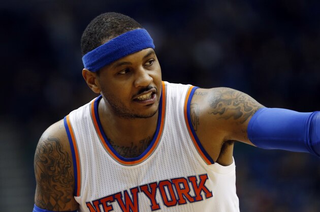 New York Knicks' Carmelo Anthony plays during the first quarter of an NBA basketball game against the Minnesota TimberwolvesSaturday, Feb. 20, 2016, in Minneapolis. (AP Photo/Jim Mone)