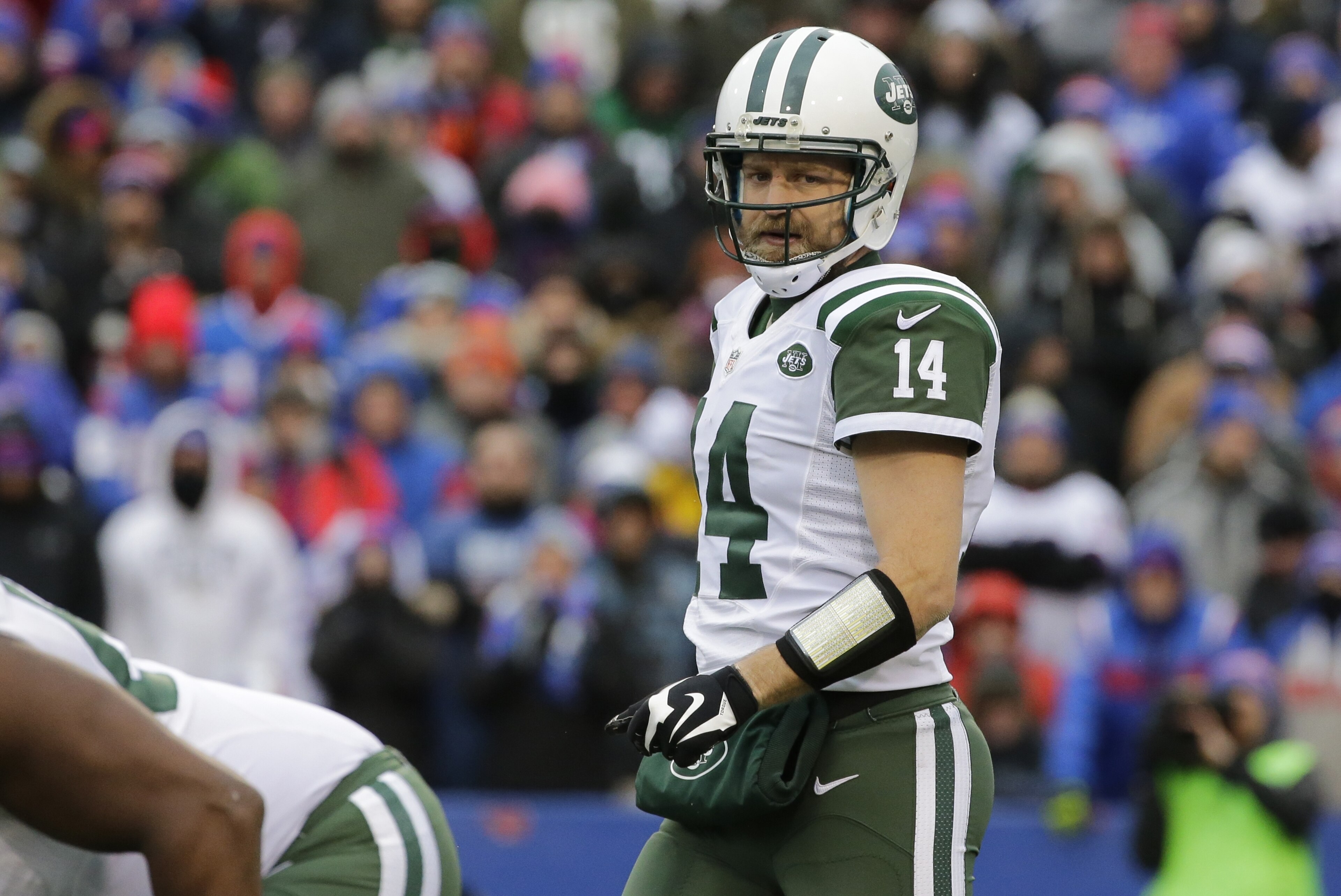 New York Jets quarterback Ryan Fitzpatrick heads to the line of scrimmage during the second half of an NFL football game against the Buffalo Bills Sunday, Jan. 3, 2016, in Orchard Park, N.Y. The Bills won, 22-17. (AP Photo/Bill Wippert) New York Jets quarterback Ryan Fitzpatrick heads to the line of scrimmage during the second half of an NFL football game against the Buffalo Bills Sunday, Jan. 3, 2016, in Orchard Park, N.Y. The Bills won, 22-17. (AP Photo/Bill Wippert)