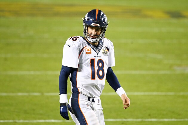 SANTA CLARA, CA - FEBRUARY 07:   Peyton Manning #18 of the Denver Broncos stands on the field in the fourth quarter against the Carolina Panthers during Super Bowl 50 at Levi's Stadium on February 7, 2016 in Santa Clara, California.  (Photo by Maddie Meyer/Getty Images)