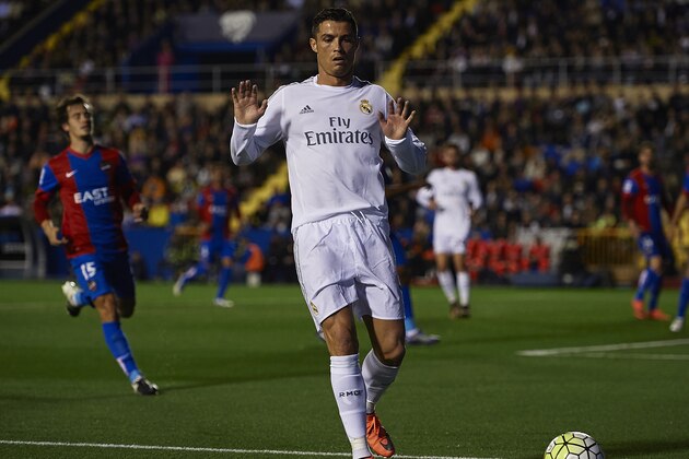 VALENCIA, SPAIN - MARCH 02:  Cristiano Ronaldo of Real Madrid reacts during the La Liga match between Levante UD and Real Madrid at Ciutat de Valencia on March 02, 2016 in Valencia, Spain.  (Photo by Manuel Queimadelos Alonso/Getty Images)