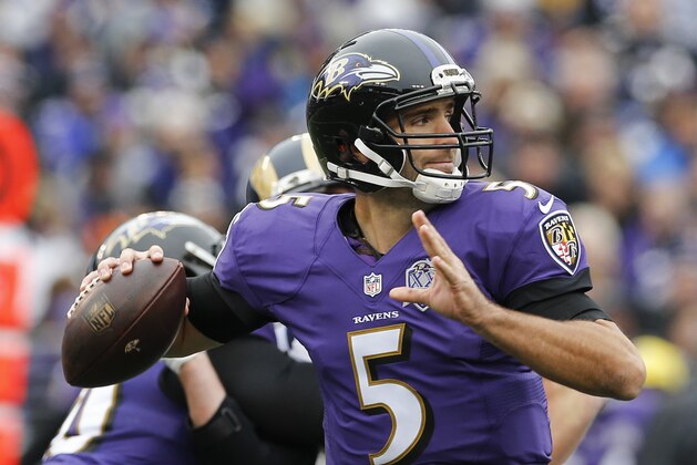 Baltimore Ravens quarterback Joe Flacco (5) passes the ball during the first half of an NFL football game against the St. Louis Rams in Baltimore, Sunday, Nov. 22, 2015. (AP Photo/Patrick Semansky)