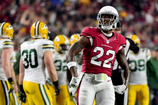 GLENDALE, AZ - JANUARY 16: Strong safety Tony Jefferson #22 of the Arizona Cardinals celebrates breaking up a play during the first half of the NFC Divisional Playoff Game against the Green Bay Packers at University of Phoenix Stadium on January 16, 2016 in Glendale, Arizona.  (Photo by Harry How/Getty Images)