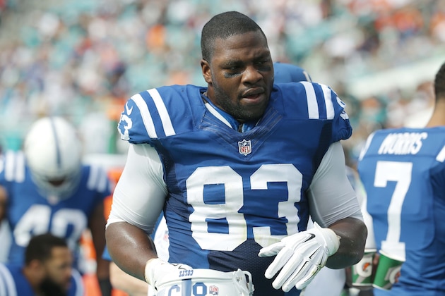 Indianapolis Colts tight end Dwayne Allen (83) walks the sidelines during the first half of an NFL football game against the Miami Dolphins, Sunday, Dec. 27, 2015, in Miami Gardens, Fla.  (AP Photo/Lynne Sladky)
